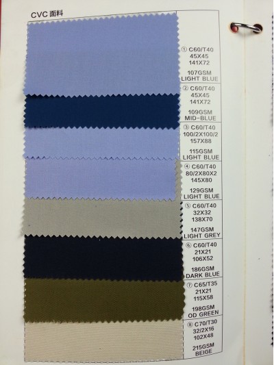 SC-GNLN CVC 面料   C60/T40  45*45 141*72 / 157*88 100/2*100/2 / 80/2*80/2 145*80 / 32*32 138*70 / 21*21 106*52 / 21*21 115*58 / 32/2*16 102*48  107/109/115/129/147/186/198/215GSM 正面照